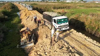 Massive Heavy Bulldozer Skills Fail Parking Into The Water And Recovery Dump Truck Unloading Dirt