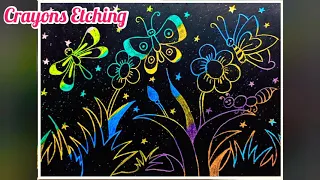 CRAYONS ETCHING || SCRATCH ART TO MAKE BEAUTIFUL BUTTERFLY SCENERY