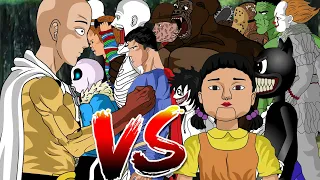 Saitama VS Team Jason voorhees, Stranger monster, Freddy, IT, Chucky, Cartoon Cat,Huggy,scp 096,Sans