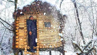 Building a Survival Cabin in 22 Days at -15°C | Roof Covered in Ferns!! Lived 32 Days with My Cat!