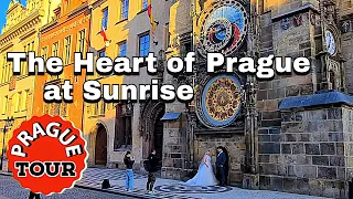 Prague 4k Walking tour. Main square of Prague at sunrise.