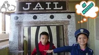 Kid Pretend Play as Cop LOCKED UP brother in pretend jail Costume for kids / Lorraine Toys Videos 2