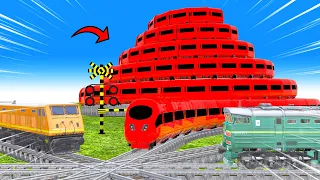 【踏切アニメ】非常に長い新幹線が曲がりくねったらせん状に走り🚆でこぼこの二股踏切を渡る 5 列車 🚍 踏切 Fumikiri 3D Railroad Crossing Animation #1