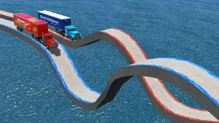 Impossible Mack Truck Vs King Dinoco Truck Vs Bridge Crossing Cars Vs Deep Water - BeamNG.Drive