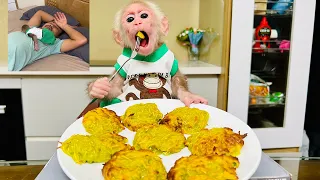 Monkey BiBi sleeps with dad, help dad get the toothbrush!BiBi make sweet potato cakes for breakfast!