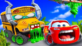 Big & Small:McQueen and Mater VS Miss Fritter School bus and Nia ZOMBIE slime cars in BeamNG.drive