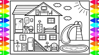 How to Draw a Fun House with a Pool for Kids 💜💚💙💛Fun House with a Pool Drawing and Coloring Page