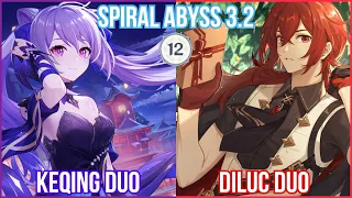 【GI】C0 Keqing x C0 Diluc OG Duo Spiral Abyss 3.2 Stun AeonBlight Without Bow! 挑战极限！零命一精刻晴迪卢克双通3.2深渊！