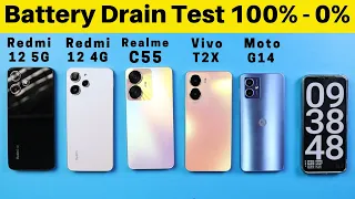 Redmi 12 5G vs Vivo T2x vs Realme C55 vs Redmi 12 vs Moto G14 Battery Drain Test 100% - 0%