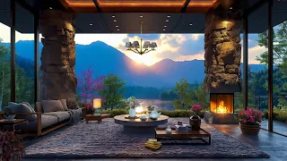 Soothing Jazz Background Music by the Lakeside ~ Cozy Porch Ambience with Fireplace for Relaxation