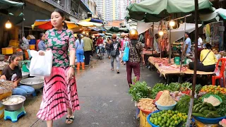 Walking tour Cambodian street food, fresh fruit, vegetable, fish, meat @Orussey - Khmer street food