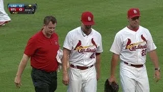 LAD@STL: Miller hit by liner, leaves game