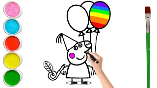 How to draw Peppa pig,Rainbow balloons for Kids|Peppa party Drawing | Satisfying,Magical Rainbow Art