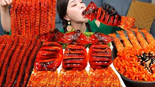 [Mukbang ASMR] Spicy Squid  🦑  Enokimushrooms & Octopus skewers Korean Ramen Seafood Recipe Ssoyoung