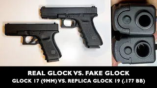 Real Glock vs. Fake Glock (9mm Glock 17  vs. Glock 19 Replica Airgun BB) - Compare Glock BB vs. 9mm
