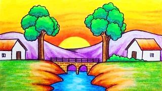 Scenery Drawing | How to Draw Beautiful Sunset in the Village Scenery with Oil Pastel