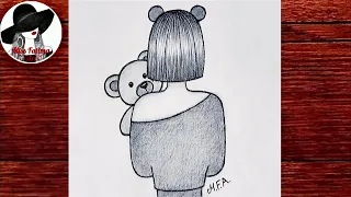 How to draw a girl with teddy bear | New drawing 2022 | Easy girl backside drawing