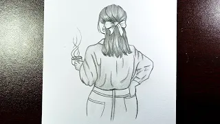 Drawing of a girl with back side and coffee in hand | Back side girl drawing