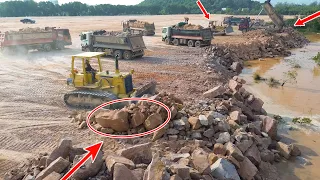 Great Excellent! Technique Land Reclamation Operator Bulldozer Push Stone into Water and Dump Truck