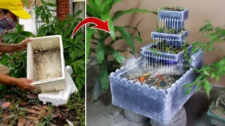 How to Build Unique Multi Level Waterfall Aquarium from Cement and Foam Box at Home