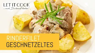 Rinderfiletgeschnetzeltes in Cognacrahm und Rosmarin-Kartoffeln