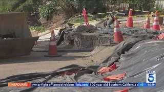 Road collapsing due to weather damage in Rancho Palos Verdes