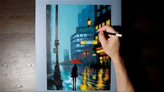 Walk in the rain | Acrylic painting | Night city | Step by Step