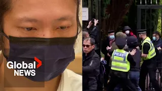 Protester attacked outside Chinese consulate in UK left “scared and shocked”