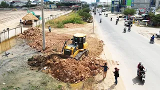 Incredible Big Machine Bulldozer Pushing Stone Dirt Clearing Mud & Land Fill  Connect To Public Road