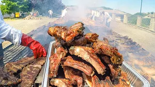 Italian Meat Street Food Festival. Huge Grills of Juicy Ribs, Sausages, Chicken and more