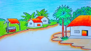 How to draw a natural village scenery drawing idea. সহজে প্রাকৃতিক দৃশ্য অংকন করা।