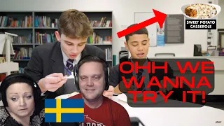 Two Swedes reacts to: British Highschoolers try Thanksgiving Dinner for the First Time! (Reaction)