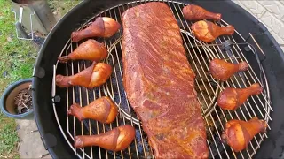 Ribs and Chicken on the Weber Kettle Homemade Charcoal Ring and Deflector Plate