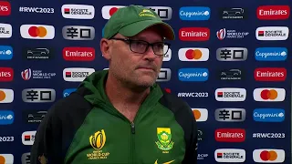 Jacques Nienaber reacts as his South Africa side are back in the RWC Final