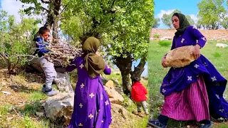 mysterious life nomad: mother and two orphaned children trying to build a shelter in mountains