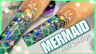 MERMAID 🧜‍♀️ Acrylic Nail Design using NETTING & CHARMS | Glitter Planet