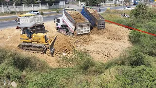 Wonderful Processing Filling Up The Land huge, Bulldozer KOMATSU D31P Push Soil & Stone, Dump Truck