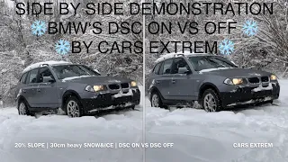 Side by Side Demonstration of BMW‘s DSC ON VS OFF in DEEP SNOW | xDrive | 20% INCLINE | BMW X3 3.0d