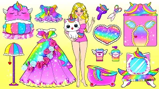 Paper Dolls Dress Up - Barbie and Little Pet Unicorn Rainbow House Quietbook DIY | WOA Doll Channel