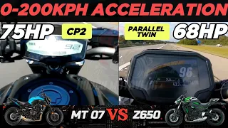 Yamaha MT07 🆚️ Kawasaki Z650 | 0-200kph Acceleration | Top Speed Attempt 🔥