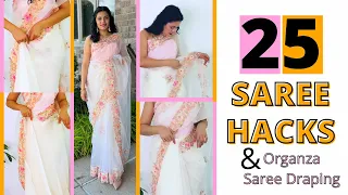 25 SAREE HACKS YOU MUST KNOW | ORGANZA SAREE DRAPING (detailed explanation)