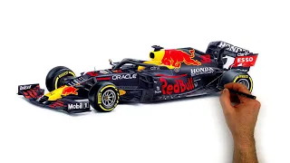 How I drew Max Verstappen’s Red Bull Formula 1 Race Car - drawing with colour pencils