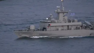 Hellenic Navy Roussen class fast attack craft HS Ypoploiarchos Daniolos P68 transits Istanbul strait