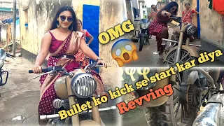 girl starting bullet in kick and revving in Saree OMG 😱 #viral #bullet #kickstart #revving