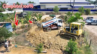 Finished Project 100%!! Processing Filling Up The Pond, Bulldozer KOMATSU D31PX & 5Ton Dump Truck