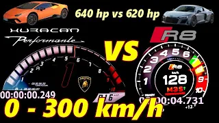 lamborghini huracan performantee 640 hp VS Audi R8 620 HP DRAG RACE 0-300| 100-300 km/h #finance