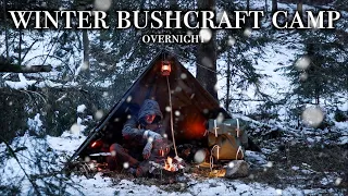 Solo Winter Bushcraft Camping By A Little Creek / Canvas Lavvu Shelter / Campfire Cooking