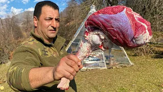 Juicy Meat on the bone cooked On a chain! Delicious Dinner high in the mountains