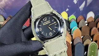 Panerai 47mm Strap Olive Canvas Bund Custom No. 1 of 1 Aged Buckle on Panerai Luminor PAM00372