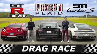 Tesla Model S Plaid против 911 Turbo S против 1100-сильного Nissan GTR // DRAG & ROLL RACE